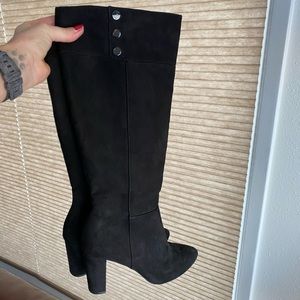 Black knee high suede touch boots.